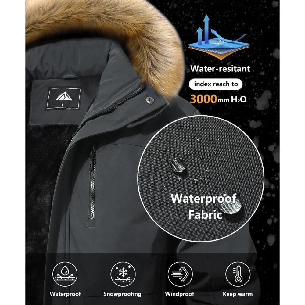 Men's Winter Coat Waterproof Warm Ski Snow Jacket Fur Hooded Parka Work Outerwea
